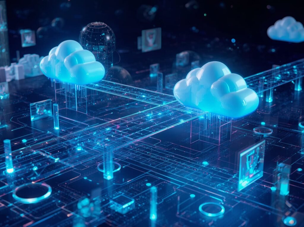 Hybrid cloud benefits - public and private cloud connected across infrastructure